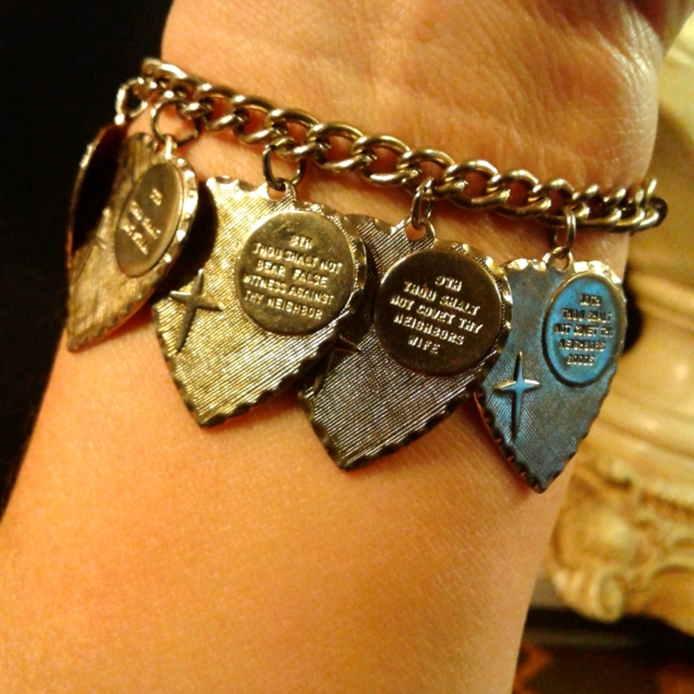 Spiritual Charm Bracelet "10 commandments with heart shaped dangles"